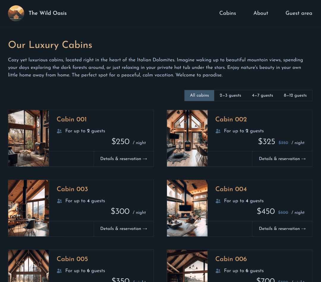 Wild Oasis Customer Facing Website
